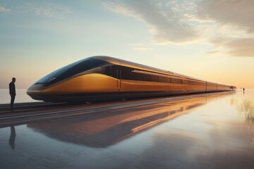 Obraz premium High-speed train glides along reflective waters at sunset, creating a serene travel landscape
