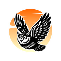 Owl logo vector illustration template. Hand draw black and white in circle