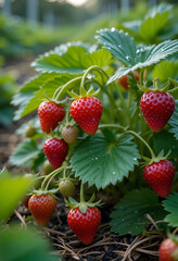 strawberry bushes with berries at different stages of maturity. Bright red and green berries, green leaves and drops of water create a fresh summer atmosphere, reminiscent of a garden harvest.