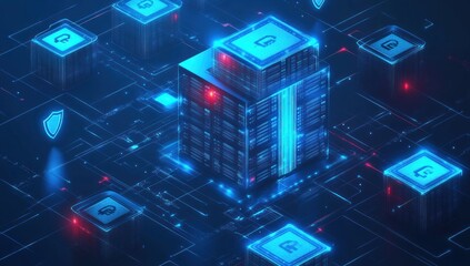 Secure data center server building with digital security.