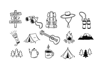 Hand-drawn camping and outdoor adventure vector set with gear, mountains, campfire, tents, trees, and travel essentials in a fun,  doodle-style © cddesign.co