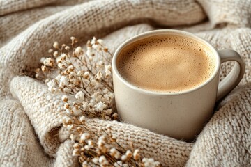 A white desk features a flat lay of plaid and a cup of coffee, evoking a hygge, autumn cozy mood and comfort concept from a top view perspective