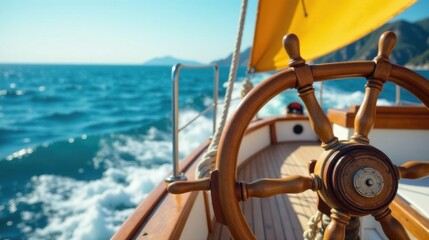 Wooden Ship Wheel Aboard Sailing Vessel at Sea