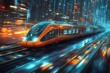 Fototapeta premium High-speed train gliding through a neon city at night, showcasing vibrant lights and advanced technology