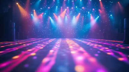 Empty stage with colorful lights on floor and backdrop, for events or performances
