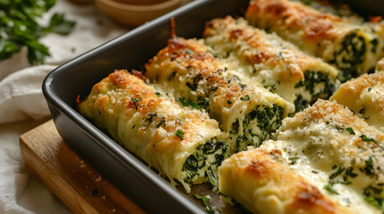 Mozzarella sticks stuffed with a creamy spinach and cheese mixture, deep-fried to golden perfection, served with a spicy or sweet dip on the side.