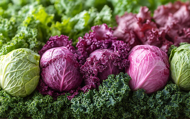 Obraz premium Fresh Kalettes with Vibrant Purple and Green Leaves 