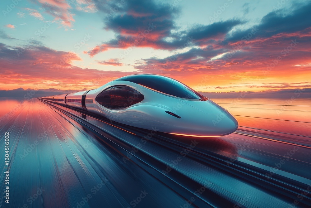 Poster high-speed train travels along futuristic tracks at sunset with colorful clouds illuminated by a vib