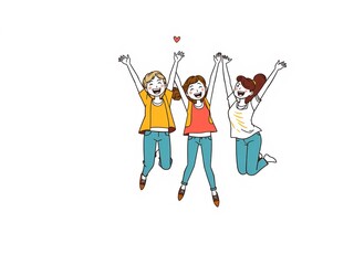 Three Joyful Individuals Leaping High with Arms Outstretched in a Celebration of Freedom and Fun