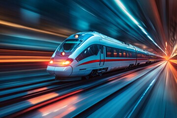 Fototapeta premium High-speed train traveling through a brightly lit tunnel at night in an urban environment