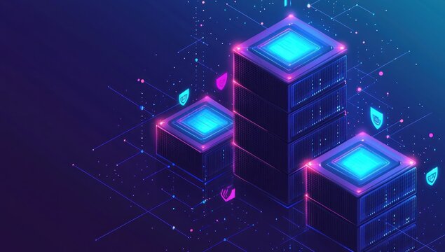 Secure data storage server network isometric illustration.