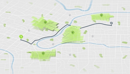Flexible charging solutions, public charging for electric vehicles. Public charging stations available along route. Select the most convenient route to drive back home. Vector illustration