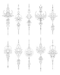Set of Mystic Lotus Sacred Geometry Unalome Boho Tattoo Design Collection. Vector isolated buddhist line hand drawn symbol