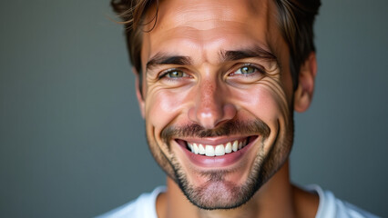 Naklejka premium man smiles beautiful glowing skin professional photo
