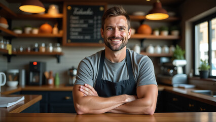 man stands behind restaurant counter confident expression success