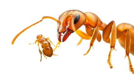 A close-up of a weaver ant holding a larva to produce silk, with a transparent background. --ar 16:9