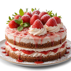 cake, cheesecake with strawberries on a white plate with a golden border. Sponge cake layers, cream, strawberry slices, powdered sugar and fresh mint create the perfect dessert. on a white background