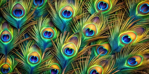 Explore the intricate beauty of peacock feathers in a vibrant macro wall display highlighting nature's artistry Wallpaper, background, detailed texture, feathers