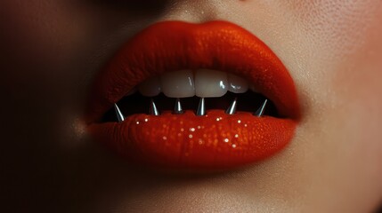 A fierce representation of glamorous red lips adorned with metallic spikes, showcasing a bold and edgy take on beauty that challenges traditional aesthetics.