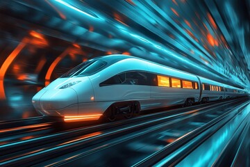 Fototapeta premium Fast train traveling through a futuristic tunnel with vibrant lights and sleek design
