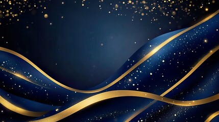 Obraz premium Blue background with golden lines, blue ribbon, glitter light effect and bokeh decoration. Luxury style design background