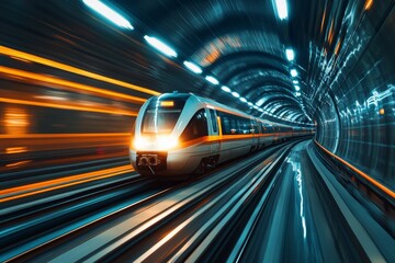 Fototapeta premium High-speed train traveling through illuminated underground tunnel during night