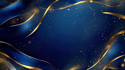 Blue background with golden lines, blue ribbon, glitter light effect and bokeh decoration. Luxury style design background