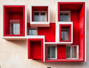 A modern business building's facade is characterized by a combination of concrete and glass, with a distinctive red and white wall surrounding its office skyscraper