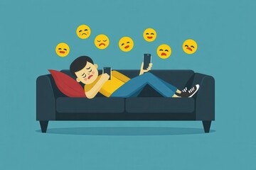 Young Man Relaxing on Couch Surrounded by Emojis Depicting Feelings