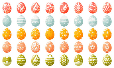 A large set of painted Easter eggs of different colors on a white background. Decorated Easter eggs, with floral and geometric ornaments. Easter egg hunt, an attribute of the holiday.
