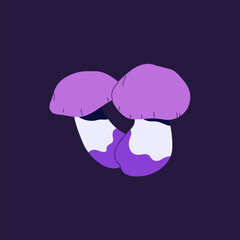 Magic venomous mushroom with violet cap. Purple poisonous boletus, psychedelic forest fungus. Hallucinogenic toadstool, amanita. Inedible bolete, woodland fungi. Flat isolated vector illustration