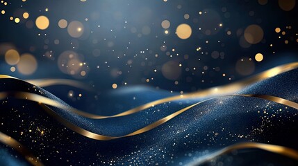 Obraz premium Blue background with golden lines, blue ribbon, glitter light effect and bokeh decoration. Luxury style design background
