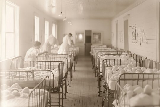 Sepia-toned photo of a long ward in a historical hospital with numerous infant cribs and nurses attending to babies.