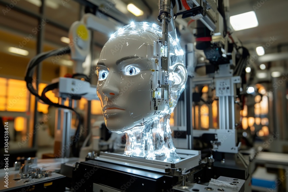 Aufkleber Robot head with glowing features undergoing assembly in modern technology lab during daytime hours