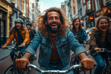 Obraz premium Joyful bike ride through a vibrant city street, a group of friends sharing laughter and smiles as they cycle together on a sunny day.