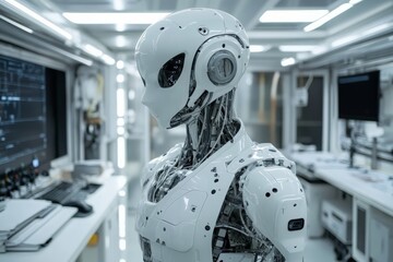 Advanced humanoid robot stands in a modern laboratory with high-tech equipment and screens displaying data