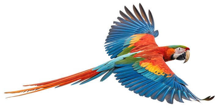 a colorful flying parrot isolated on white or transparent png