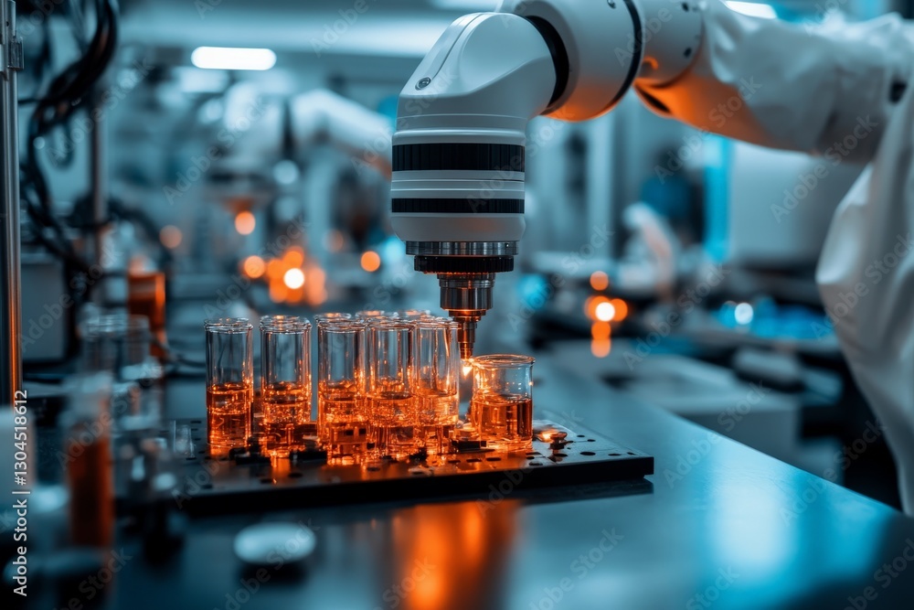 Poster robotic arm conducting experiments in a modern laboratory with orange liquid in test tubes