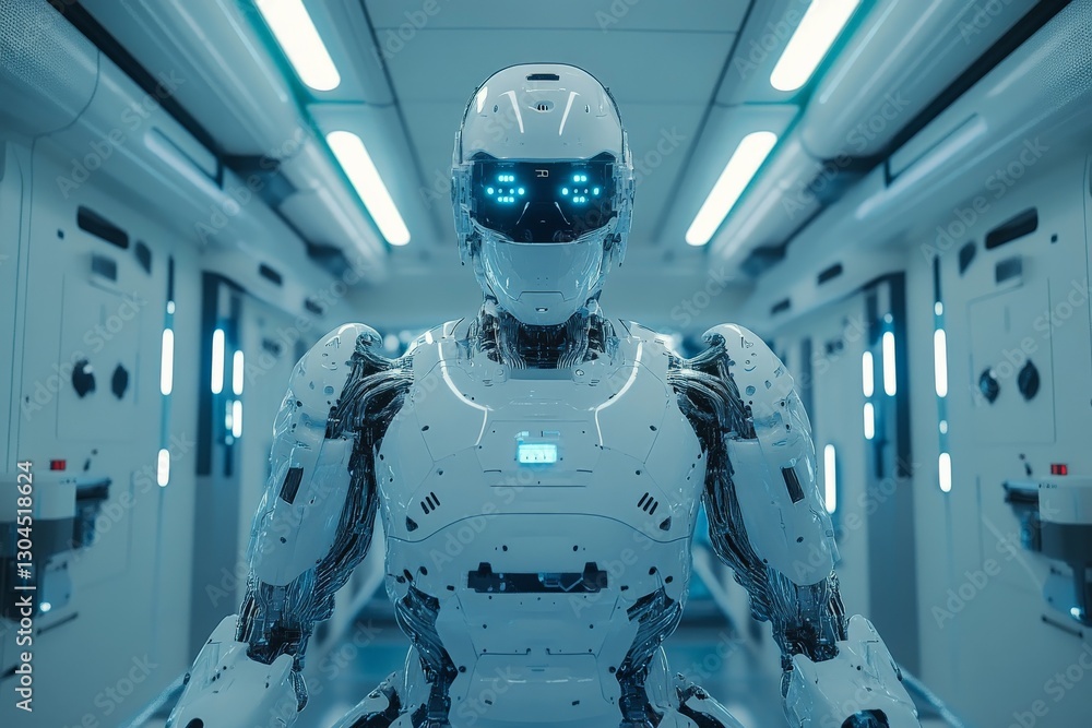 Poster Futuristic humanoid robot in a high-tech corridor with blue lighting and advanced design features