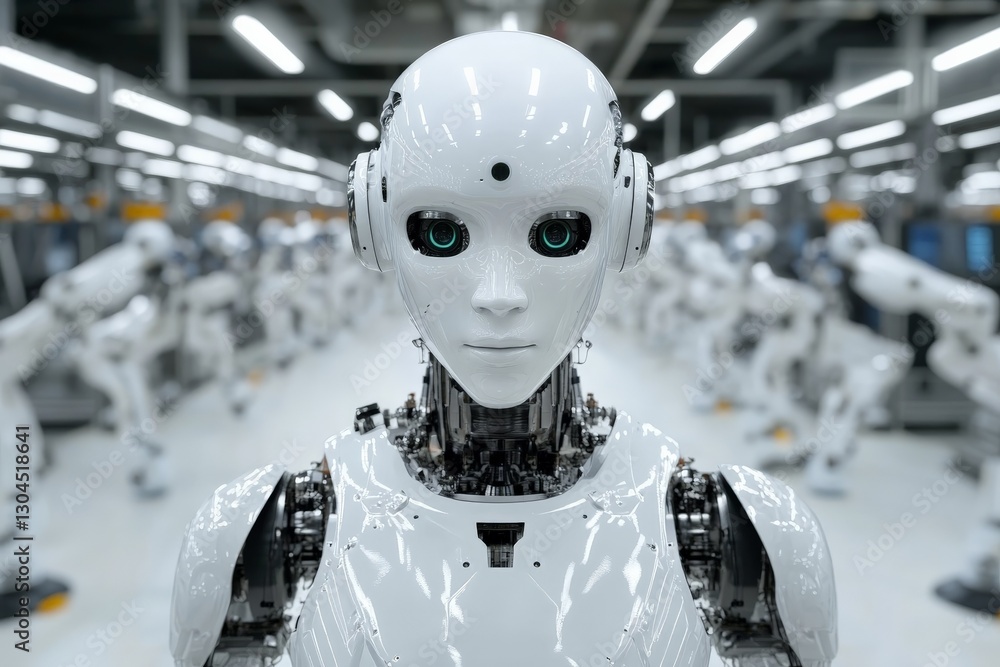 Poster advanced humanoid robot stands in a futuristic manufacturing facility with multiple robotic arms at 