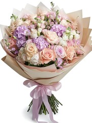 Bouquet of pastel flowers in hand on white background