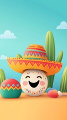 Fototapeta premium Colorful character wearing a sombrero in desert.