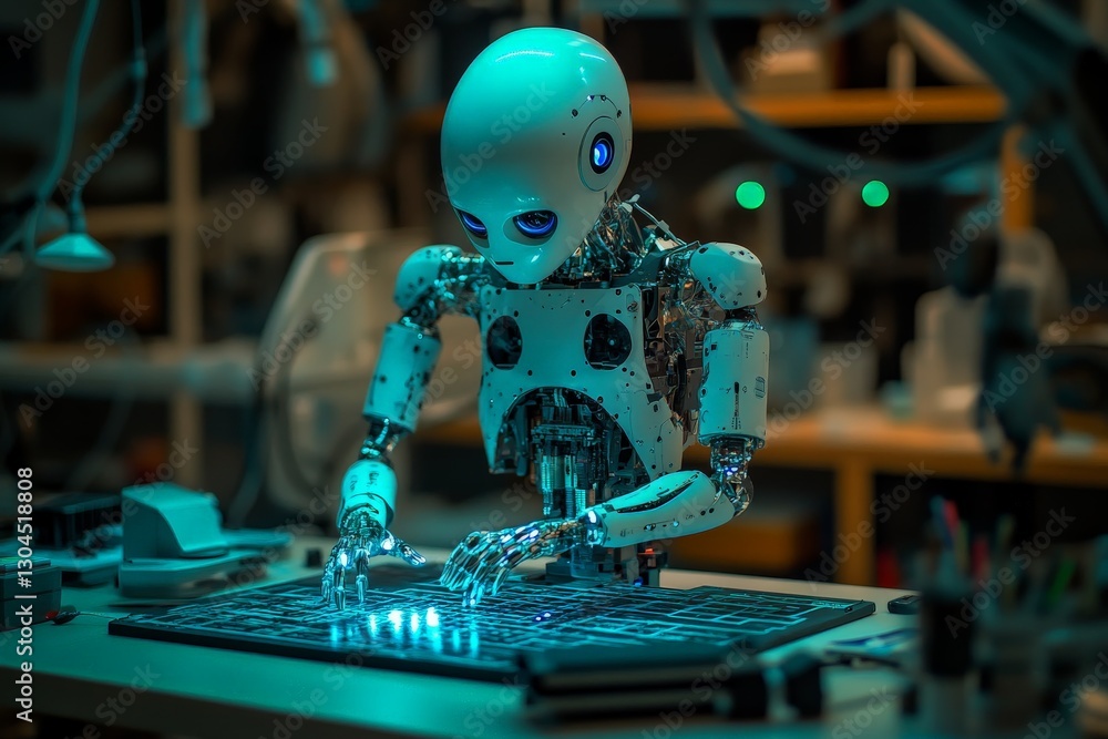 Poster robot engineer working on advanced circuitry in a high-tech laboratory during nighttime hours