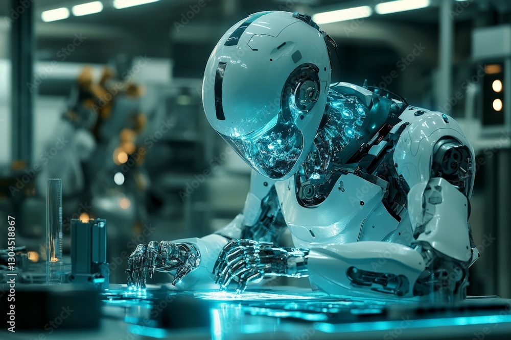 Aufkleber human-like robot working meticulously in a futuristic workshop during a busy production period