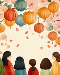 Fototapeta premium Colorful lanterns under blooming flowers.