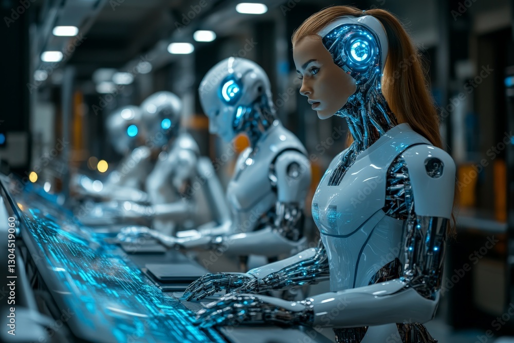 Poster advanced robots working on high-tech consoles in a futuristic laboratory at night