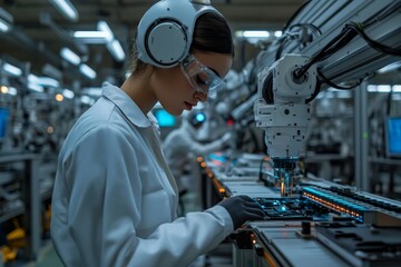 Technician working with robotic arms in an advanced manufacturing facility during evening hours