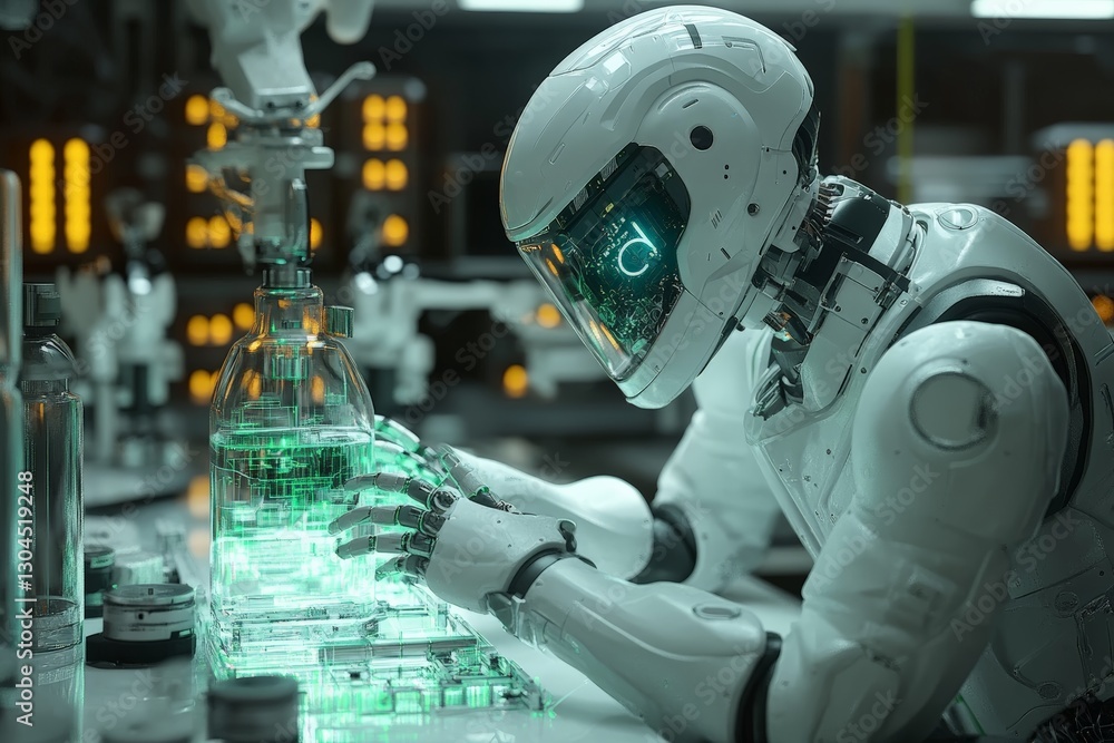 Poster advanced robot conducting experiments in a futuristic laboratory during a high-tech research session