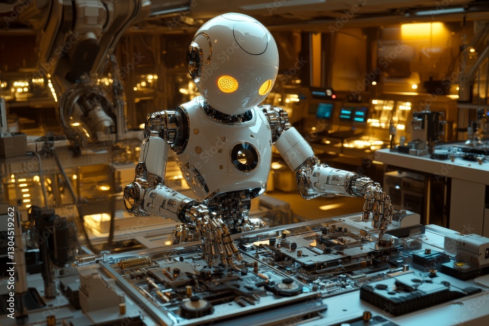 Leinwandbilder robot working on electronic components in a futuristic laboratory environment during evening hours