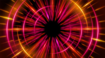 Futuristic abstract background with a radial burst of light and energy, dynamics emanating from the center. Speed. Red, orange and yellow light rays emit and create glowing particle effects.